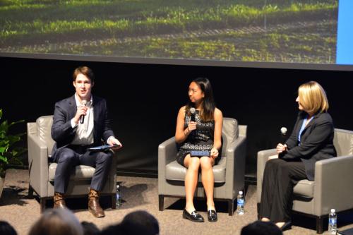 Michael Wood III T ’22 (left) and Emily Zhao T’24 (center) moderated a Q &amp; A session with climate policy expert Alice Hill (Council on Foreign Relations) (right) during the 2022 Energy Week at Duke, a student-organized event series.