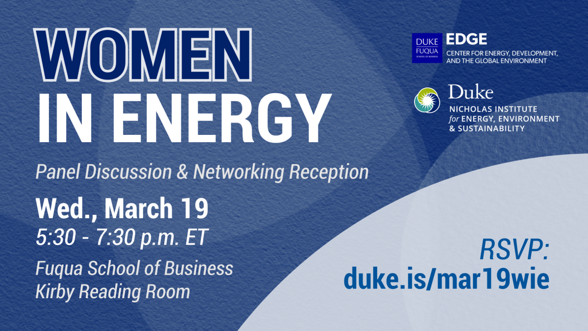 Purple textured background with spotlight on url. Text: "Women In Energy: Panel Discussion & Networking Lunch. Wed., Mar. 19, 5:30-7:30 p.m. ET. RSVP: bit.ly/mar19wie." Logos for Duke Fuqua School of Business EDGE, Center for Energy, Development, and the Global Environment; Duke Nicholas Institute for Energy, Environment & Sustainability.