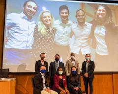 Students from the University of Oxford appear virtually with judges and student organizers to celebrate their win in the 2021 Energy in Emerging Markets Case Competition at Duke University.
